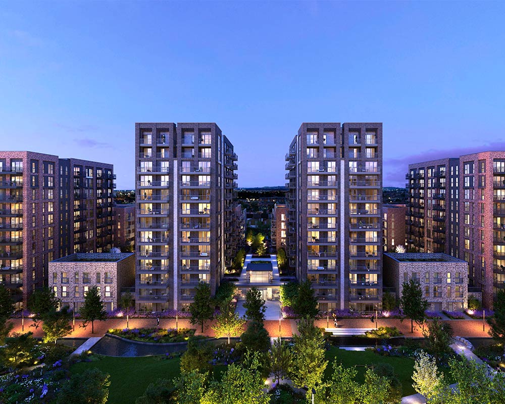 Residential towers around a landscaped courtyard at dusk, with lit windows and path lighting under a purple sky