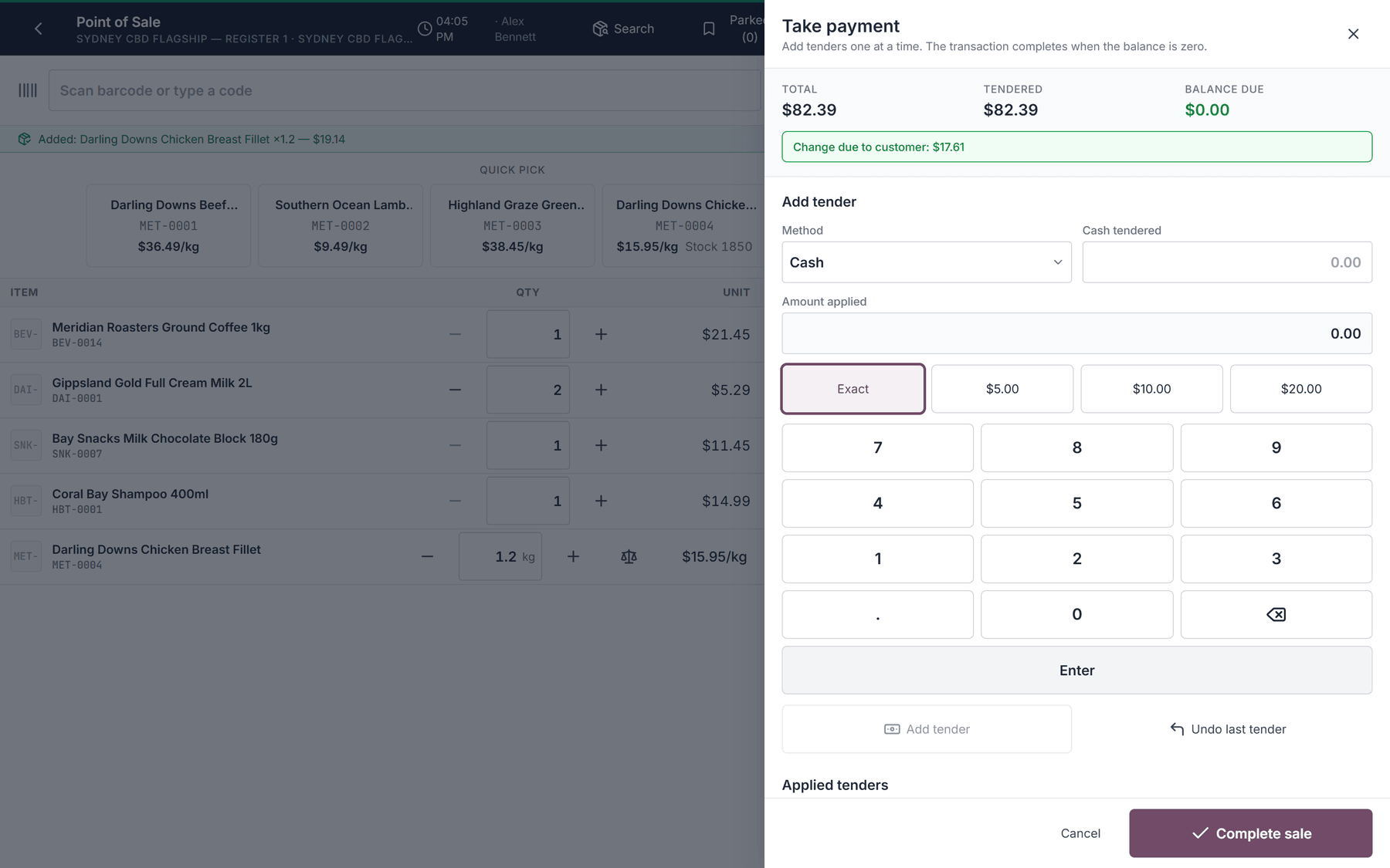The Guru POS payment panel, showing tenders applied one at a time against a balance that falls to zero, with the change owed to the customer