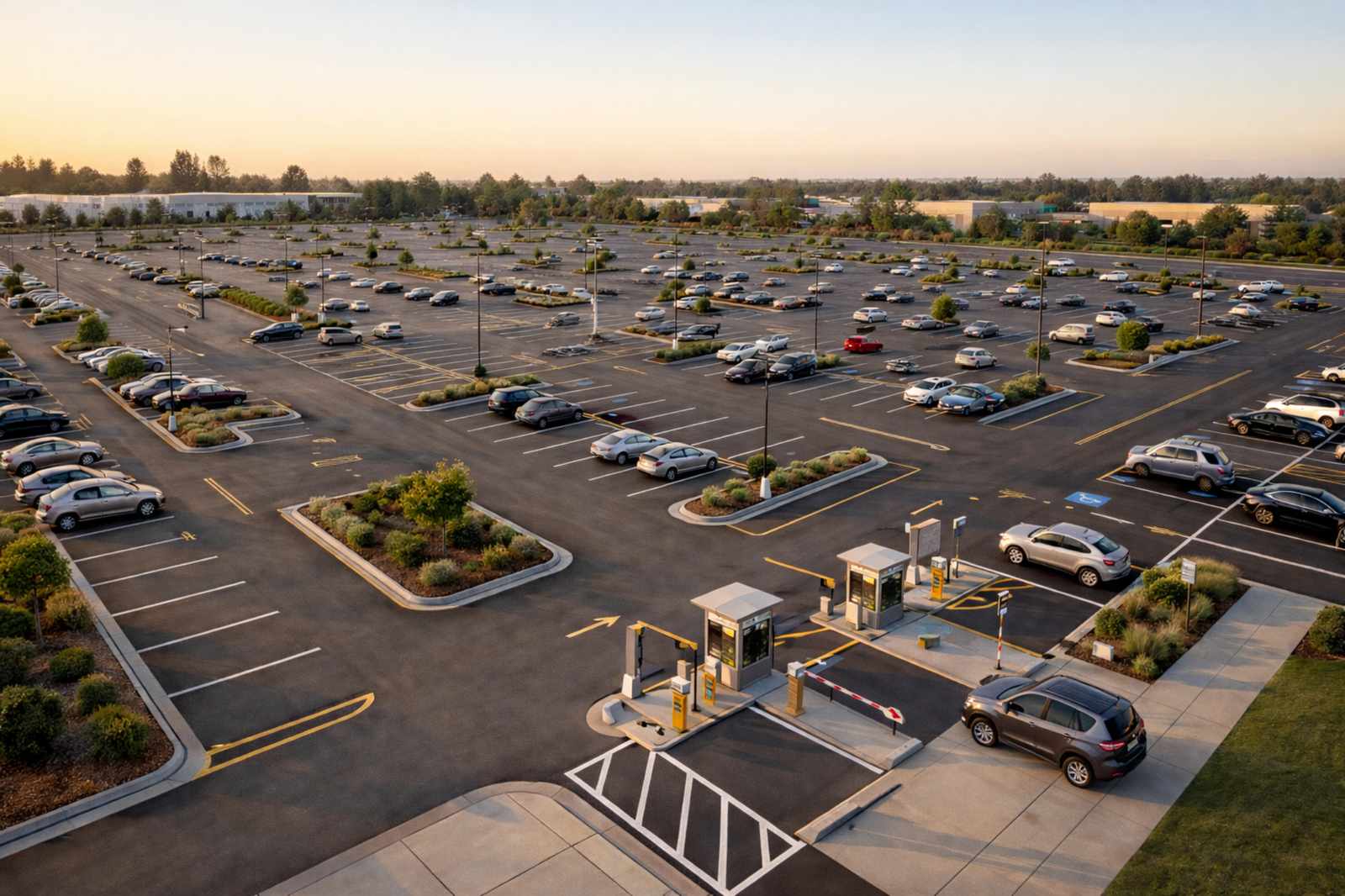 A large car park at sunset, with rows of parked cars and, in the foreground, a gated entrance with two ticket booths and barrier arms