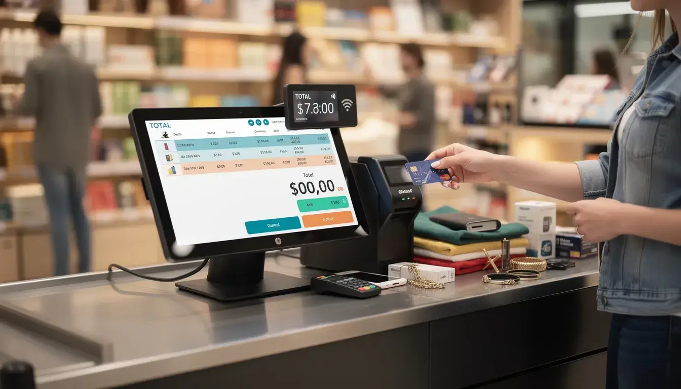A retail checkout counter with a touchscreen register showing an itemised sale, a card reader, and a customer holding a card out to pay