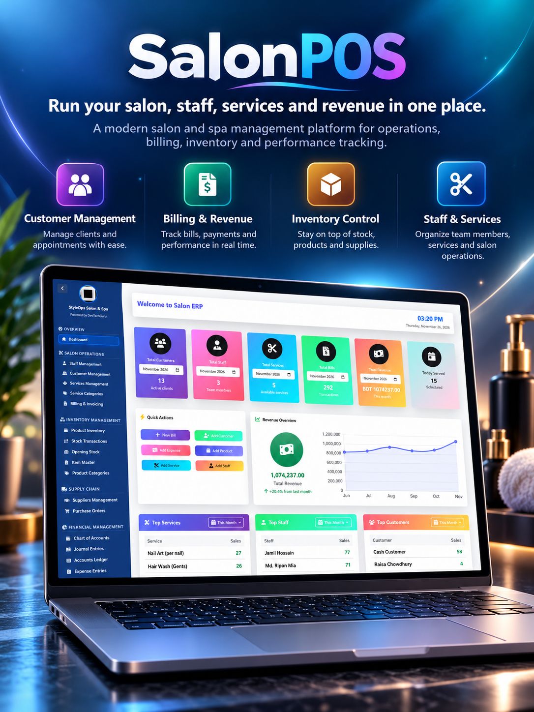 Salon POS promotional poster: the salon dashboard on a laptop, showing customer, staff, service, bill and revenue totals, a revenue chart and the top services, staff and customers, under the headline "Run your salon, staff, services and revenue in one place"