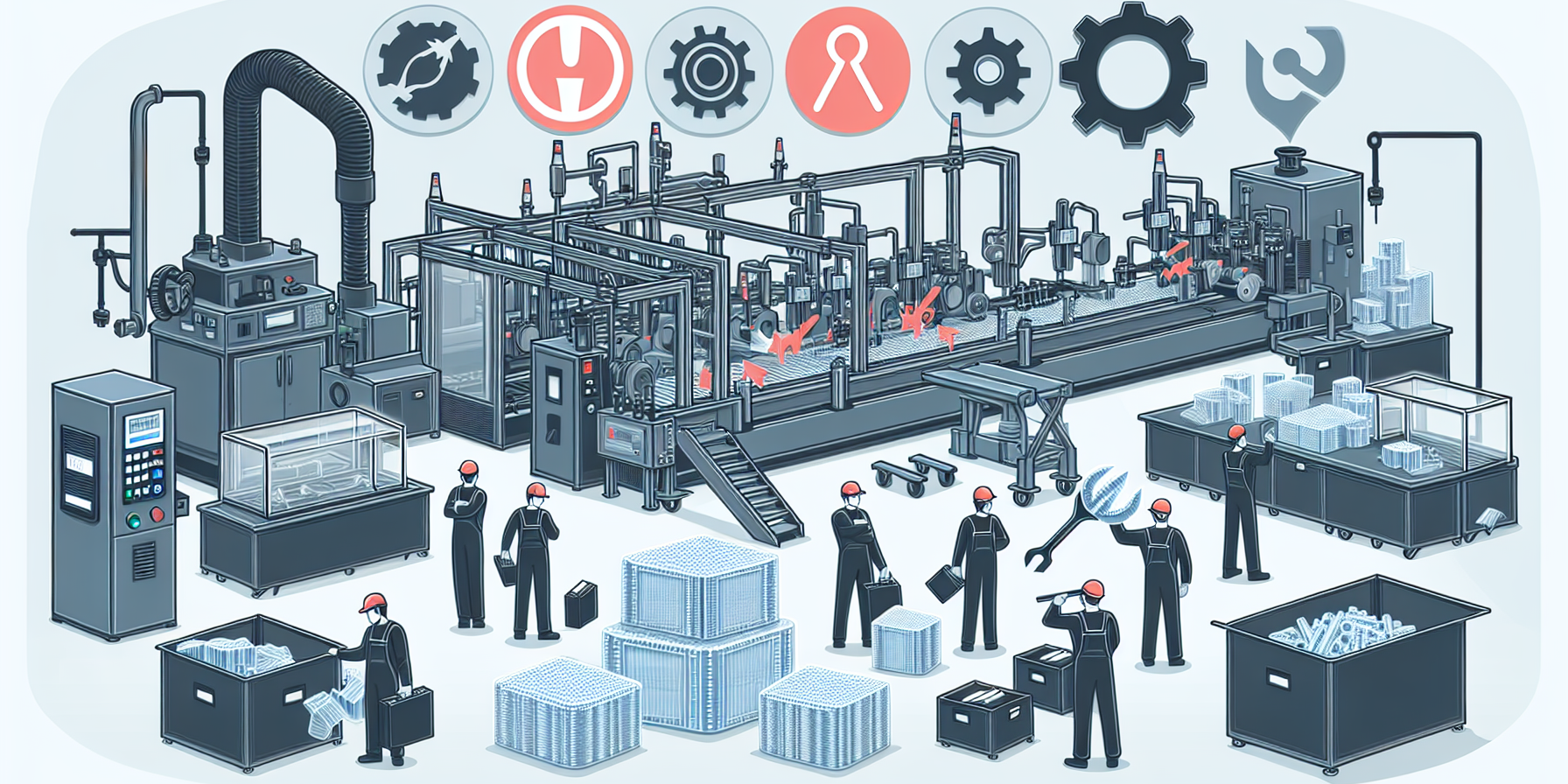 Illustration of a factory production line: machinery along the floor with workers in hard hats handling stacked product and bins